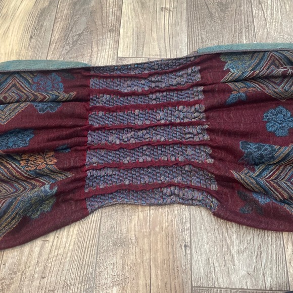 PASHMINA Women's Geometric Floral Smocked Scarf Wrap Shawl Burgundy Teal - Picture 9 of 13